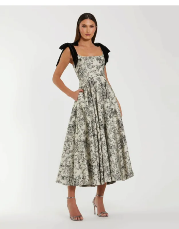 Brocade A-line Midi Dress With Bow Straps