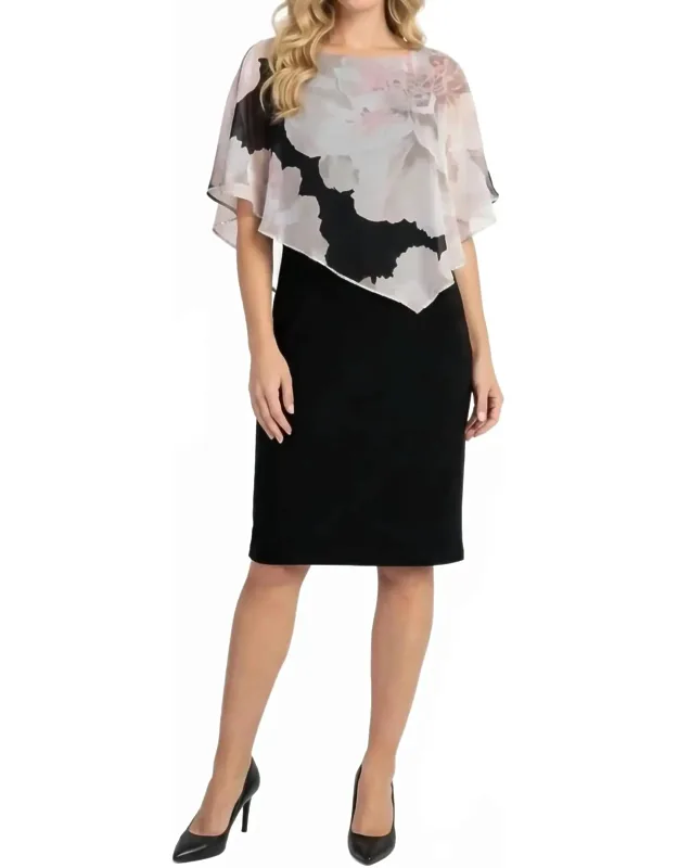 Asymmetric Floral Chiffon Overlay Dress