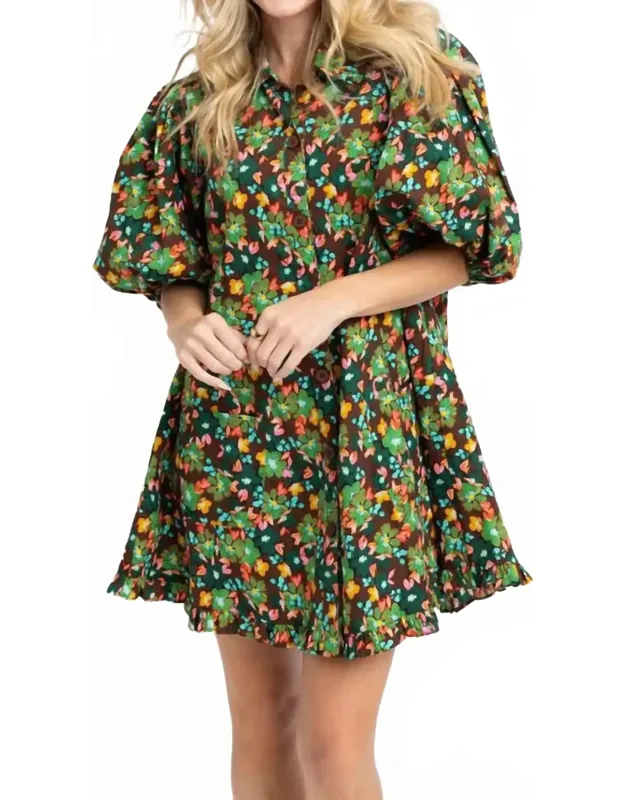 Floral Puff Sleeve Pocket Dress