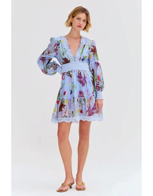 Lily Flower Long Sleeve Plunge Mini Dress