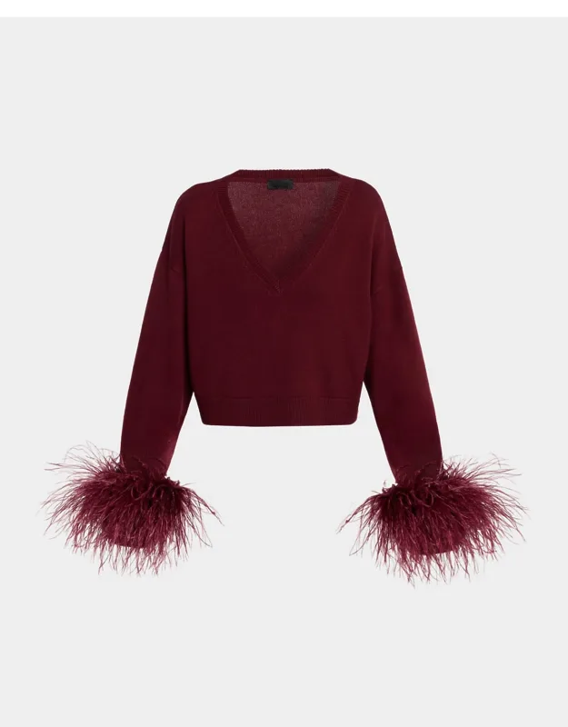 Merino Wool V-neck Crop Sweater With Feather Cuffs