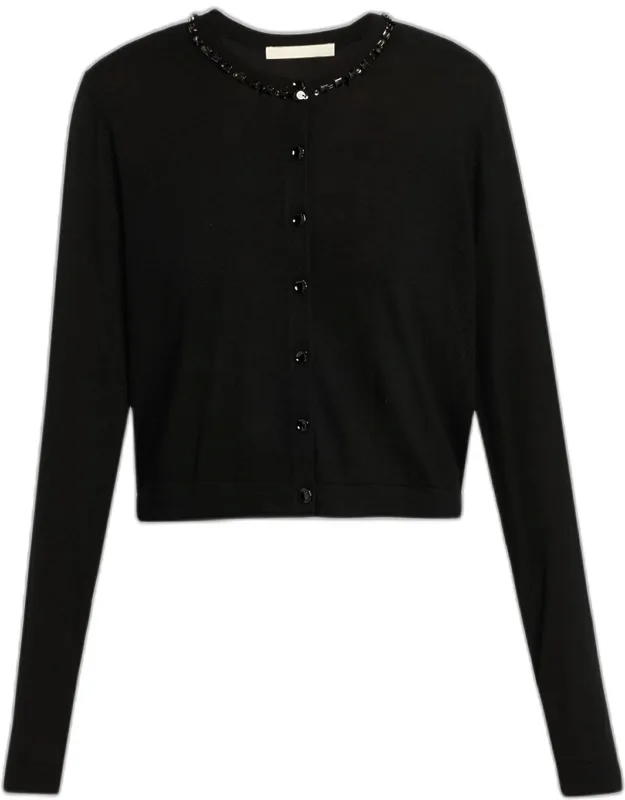 Beaded Satin-back Wool Cardigan