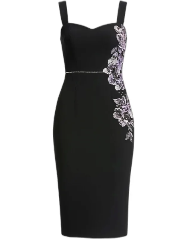 Embroidered Applique Midi Sheath Dress