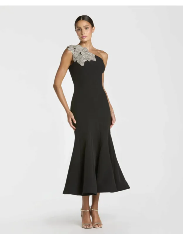 One Shoulder Mermaid Midi Dress With Flower