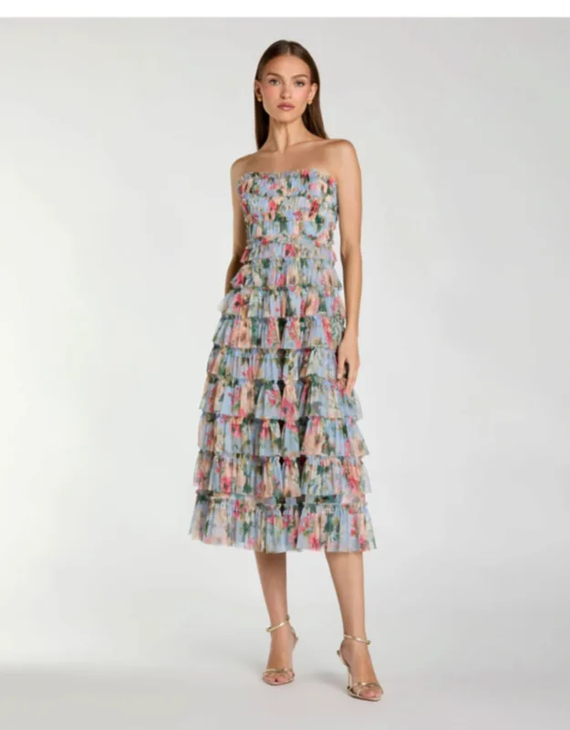 Floral Strapless Ruffle Maxi Dress