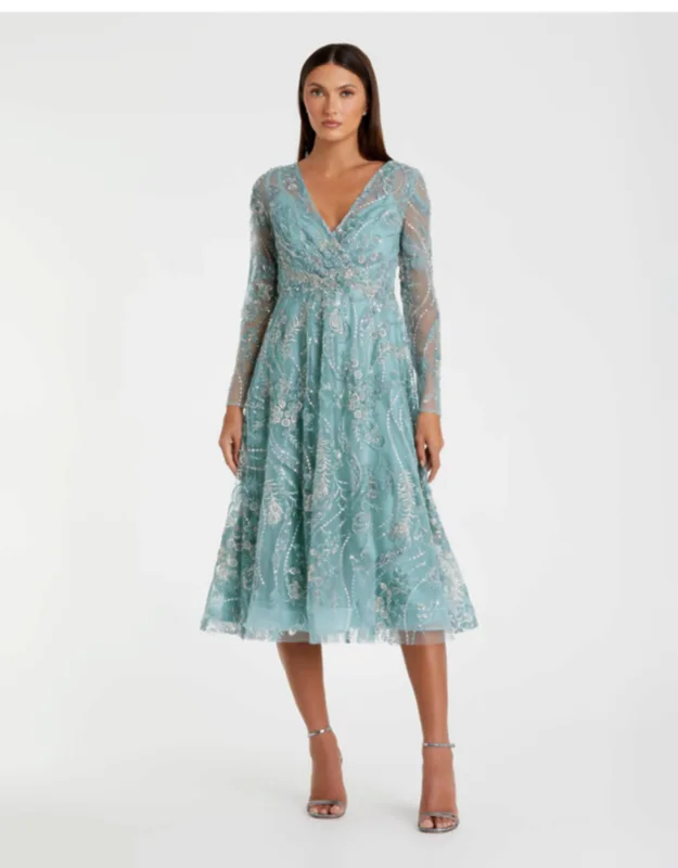 Embellished Long-sleeve V-neck Midi Dress