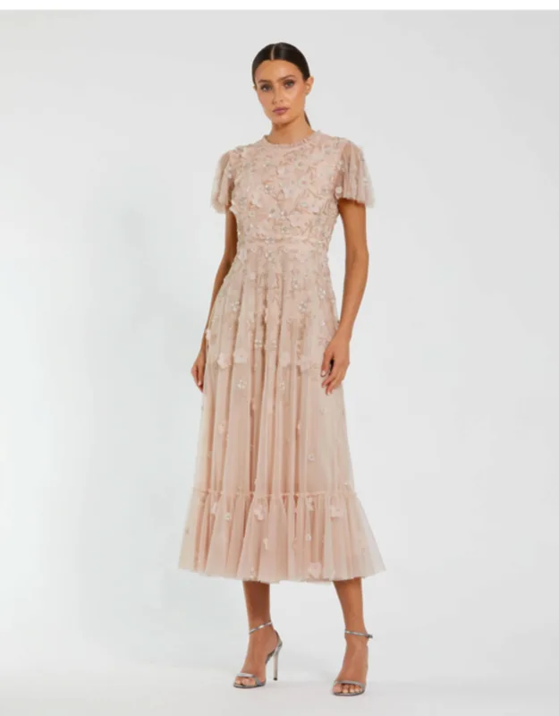Embellished High Neck Flutter Sleeve A Line Dress