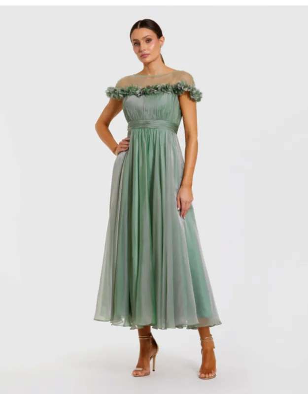 Chiffon Illusion Neck Midi Dress With 3d Flowers