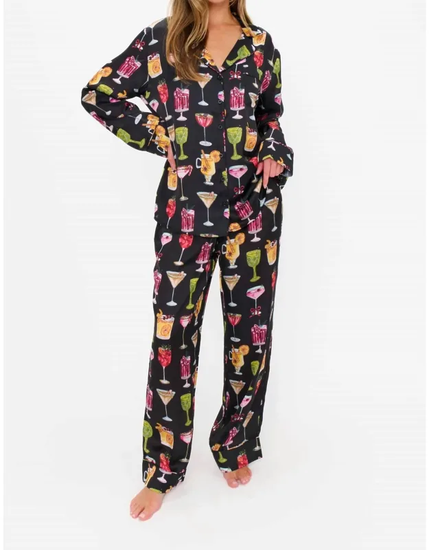 Classic Pajama Set In Holiday Cocktails Silky, Featuring Long-sleeve Button-down Top And Elastic Waistband Pants