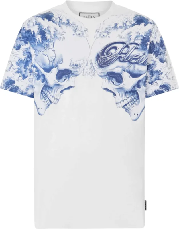 Round Neck T-shirt With Ceramic-style Pattern Printed On The Front And Rib Knit Neckline