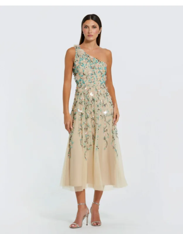 Floral Embellished One Shoulder Midi Dress