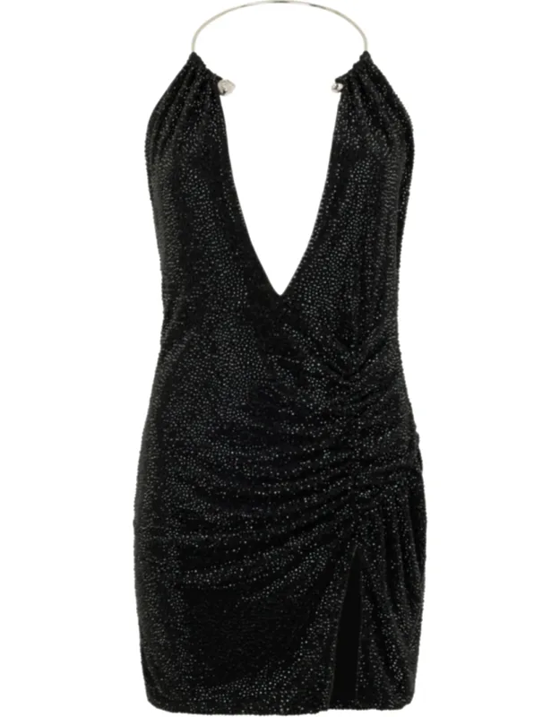 Mini Dress Piercing With Rhinestones Application And Plunging V-neckline