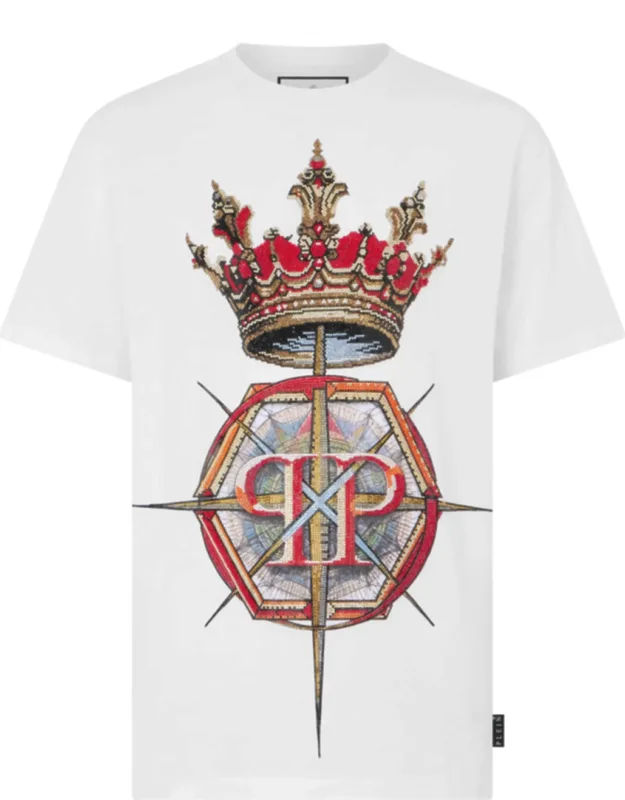 Round Neck T-shirt With Cotton Jersey And Rhinestoned Pattern Print