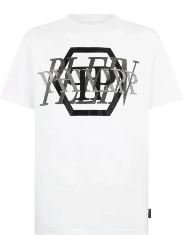 Round Neck T-shirt With Rhinestoned Pattern Print And Logoed Patch