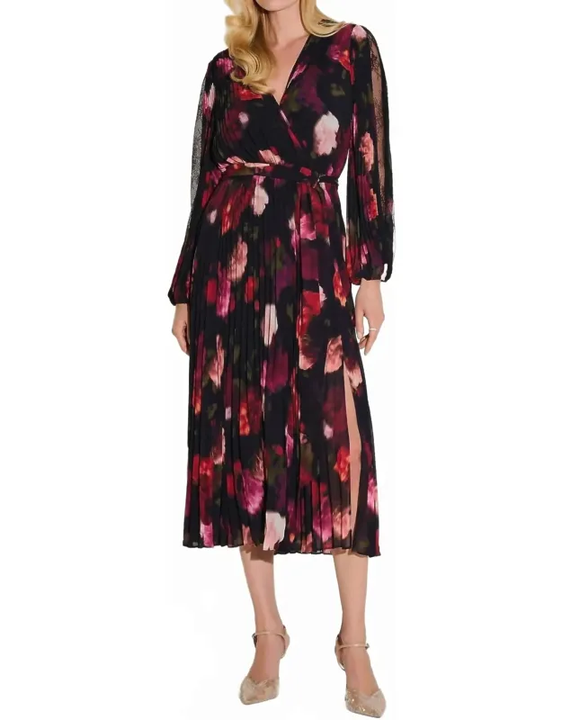 Pleated Chiffon Floral Fit And Flare Dress