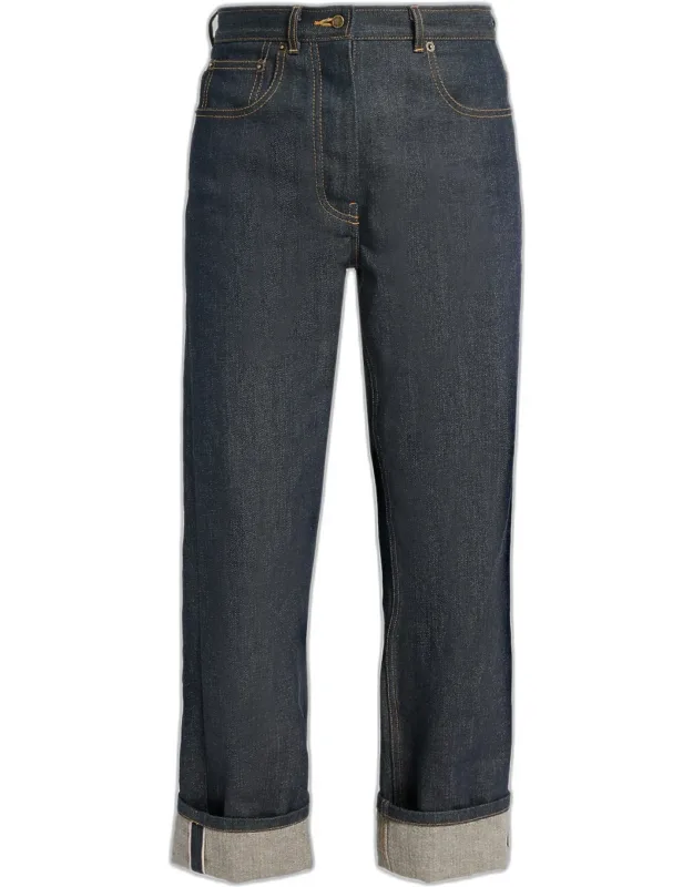 Back-strap Straight-leg Cuffed Crop Jeans