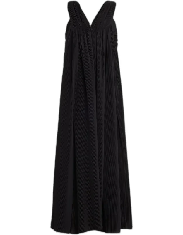 Crinkle Pleated V-neck Sleeveless Midi Dress