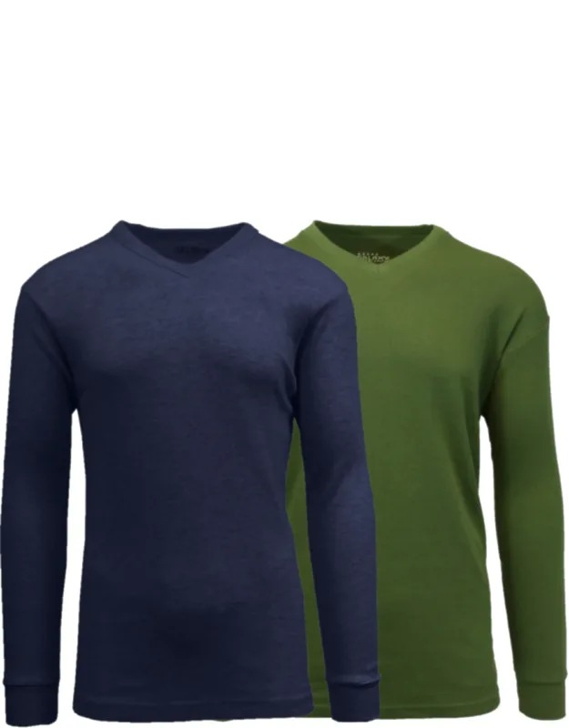 Long Sleeve Waffle-knit V-neck Thermal Shirt - 2 Pack