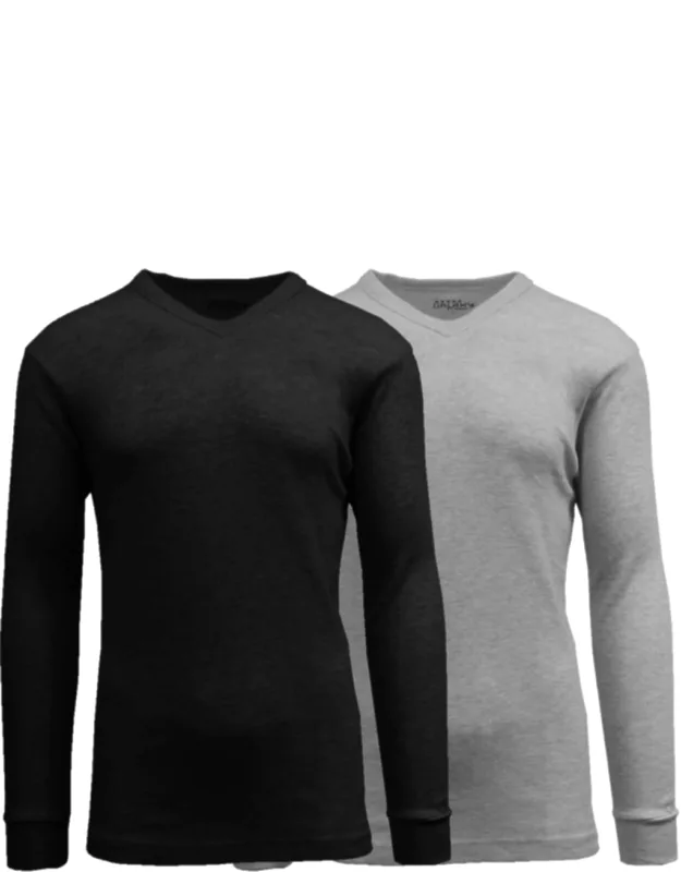 Long Sleeve Waffle-knit V-neck Thermal Shirt - 2 Pack