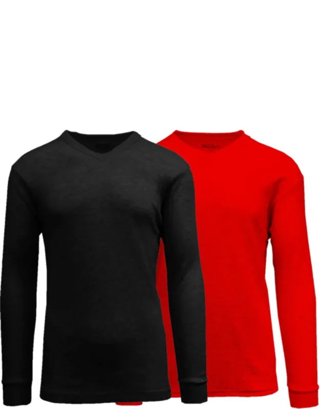 Long Sleeve Waffle-knit V-neck Thermal Shirt - 2 Pack