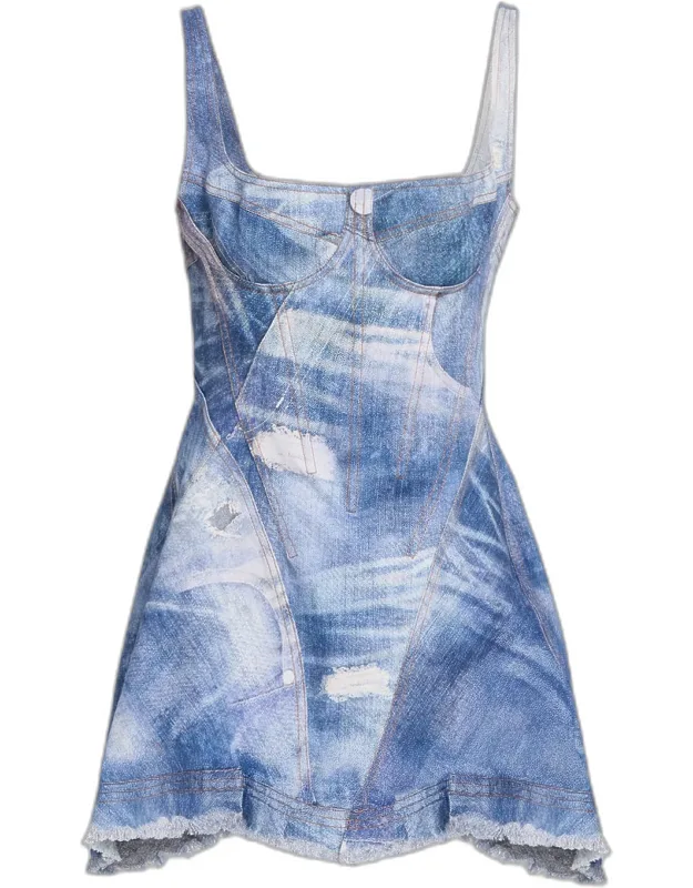 Patchwork-print Denim Bustier Mini Dress