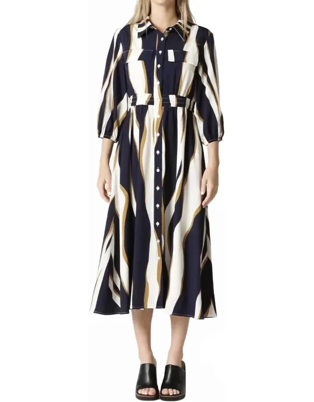 Wavy Abstract Front Button Down Shirt Dress