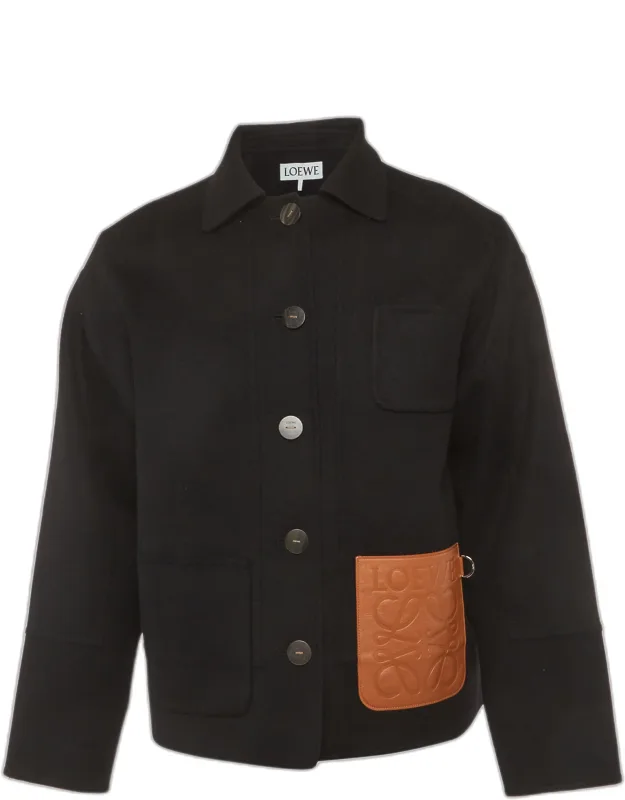 Wool Patch Leather Pocket Detail Jacket
