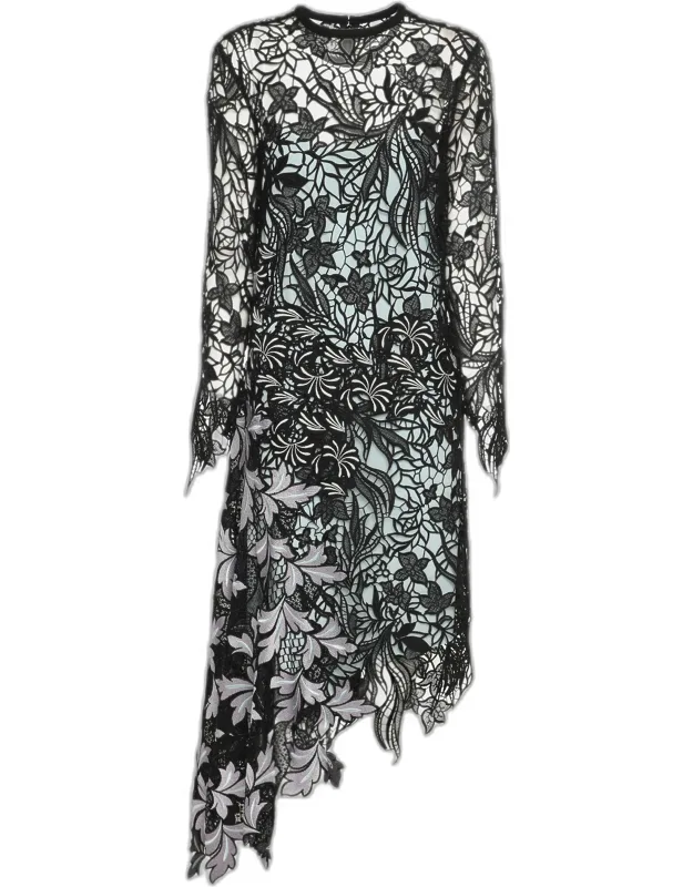 Asymmetric Hem Vine Lace Midi Dress