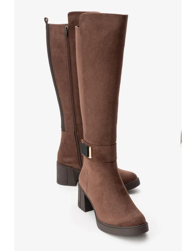 Moreni Stretch Buckle Block Heel Boot With 2.7" Heel And 17.2" Shaft