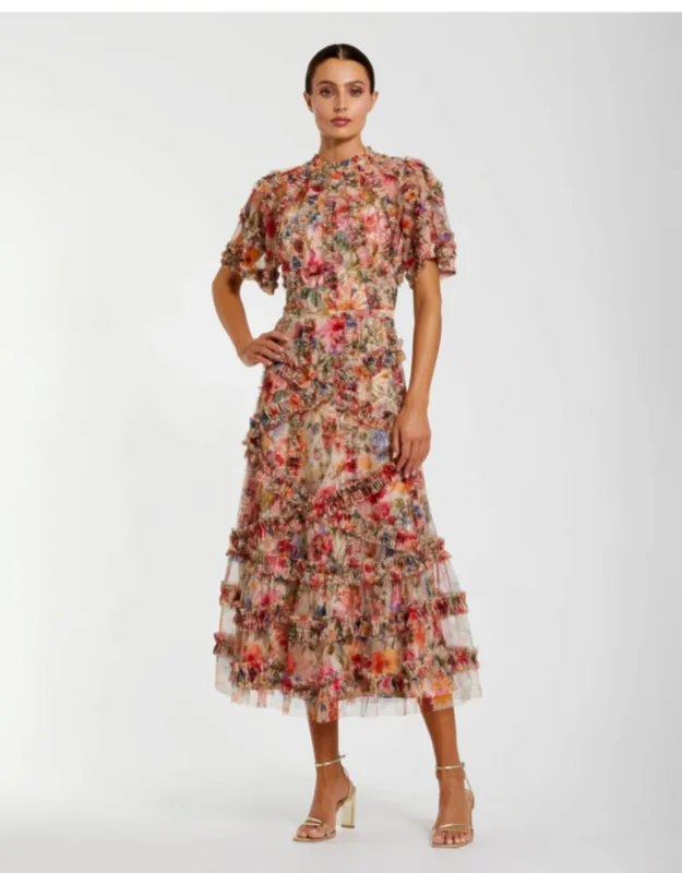 Multicolor Floral Midi Dress With Ruffle Detailing