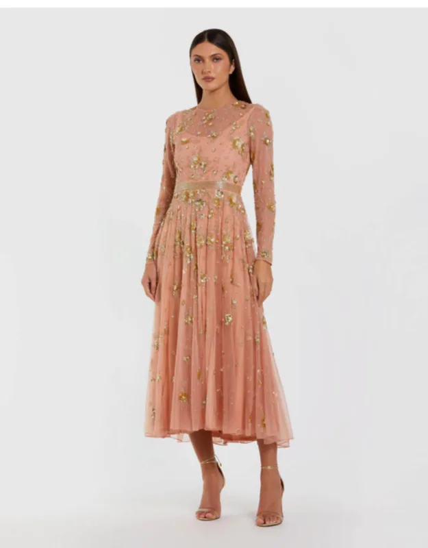 Beaded Long Sleeve A Line Midi Dress