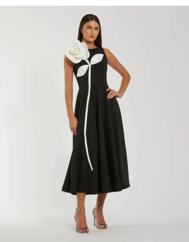 Crepe A-line Midi Dress With 3d Flower