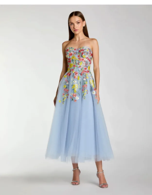 Strapless Floral Embroidered A-line Midi Dress