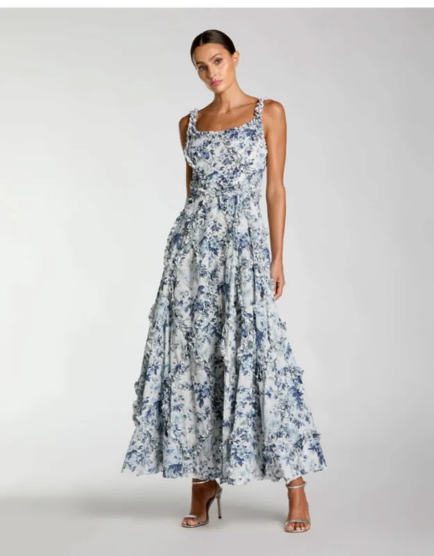 Ruffle Scoop Neck Floral A-line Dress