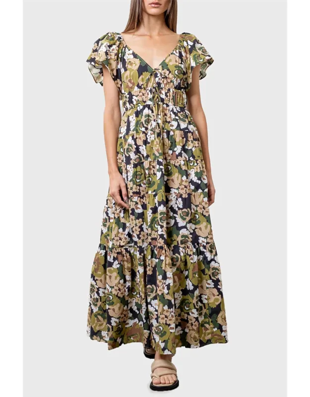 Flutter Sleeve Tiered Midi Dress