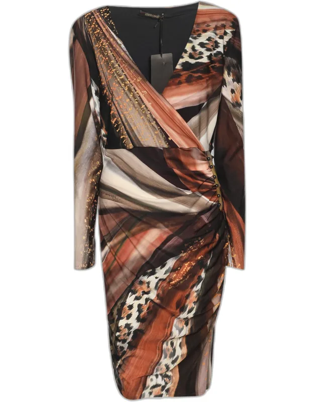 Multicolor Animal Print Stretch Crepe Piercing Draped Midi Dress