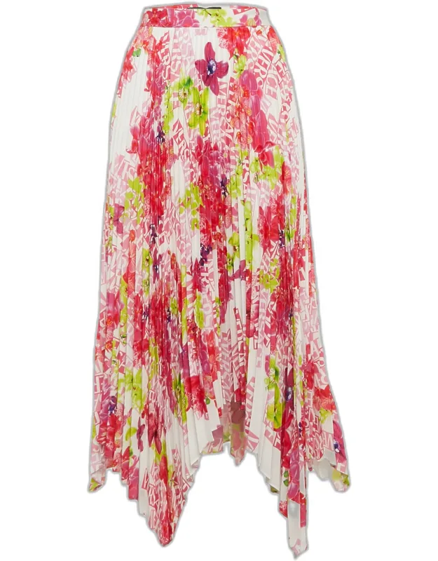 Multicolor Floral Print Satin Pleated Asymmetric Midi Skirt