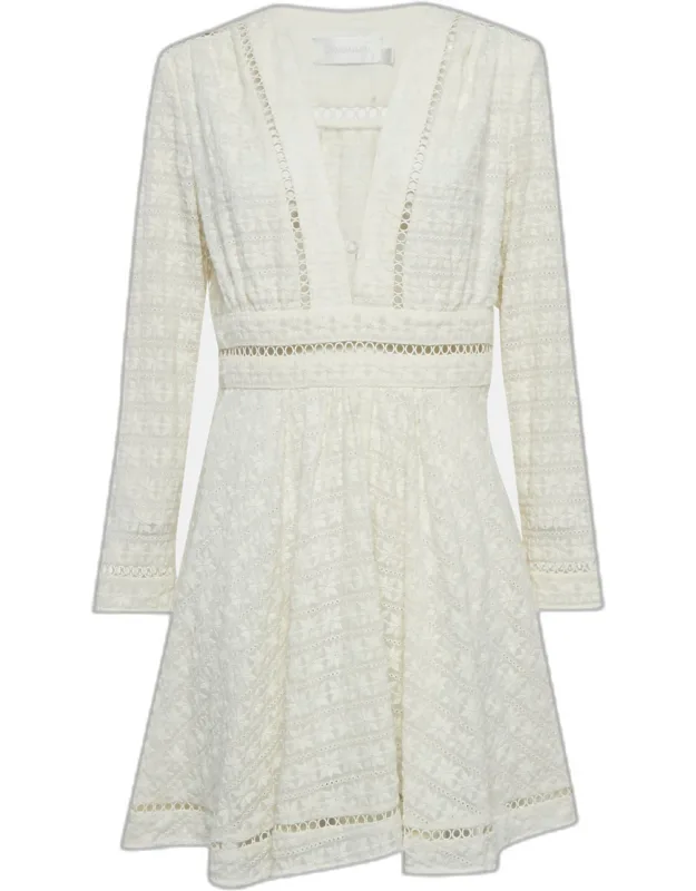 Zephyr Broderie Cotton Plunge Neckline Mini Dress