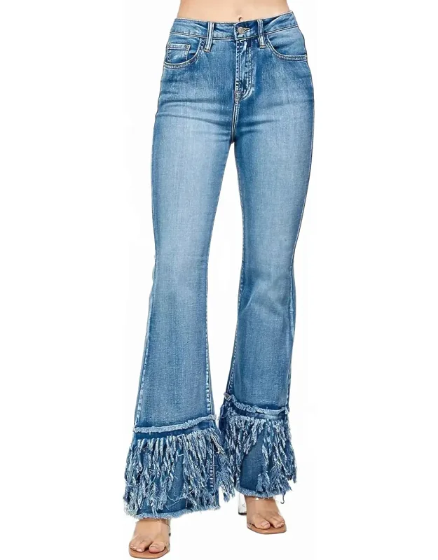 High Rise Frayed Flare Jeans
