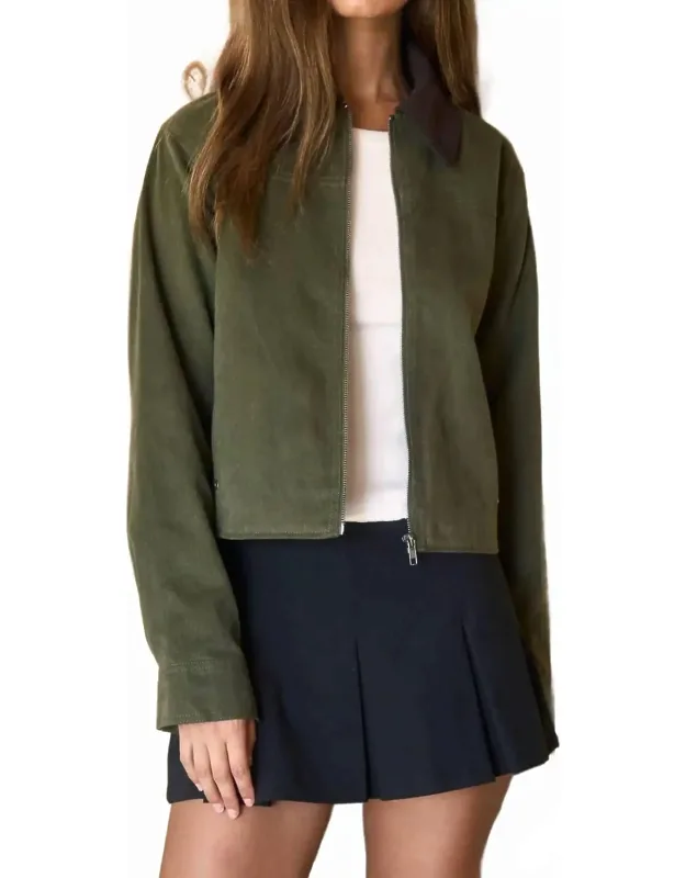 Contrast Collar Corduroy Zip-up Jacket