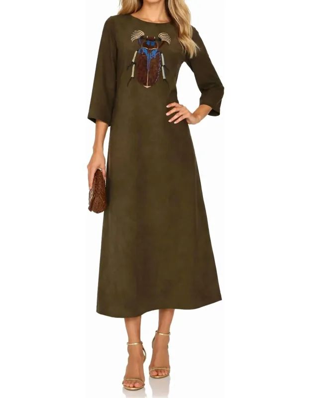 Embroidered Beetle Faux Suede Midi Dress