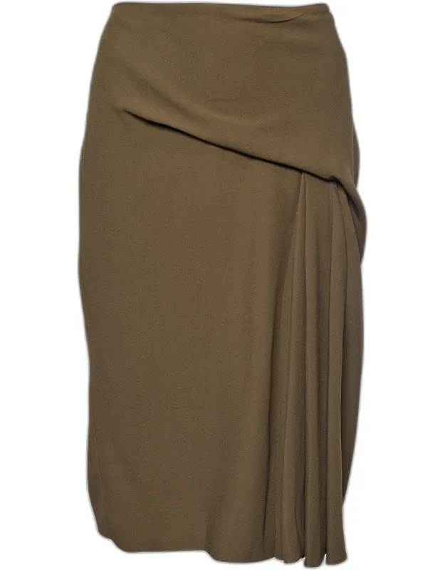 Moss Green Crepe Draped Knee-length Skirt
