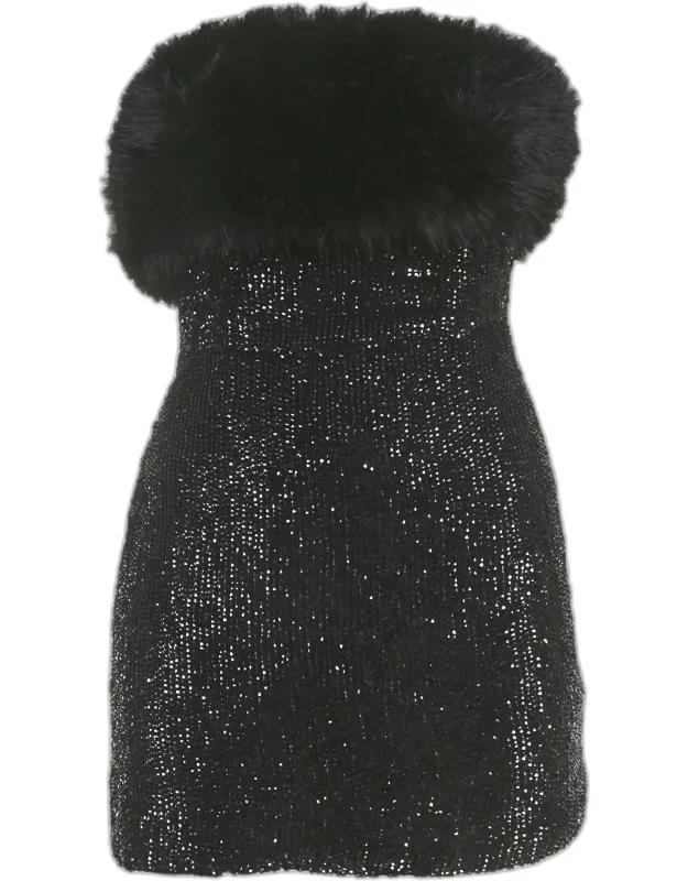 Sequins Faux Fur Detail Strapless Mini Dress