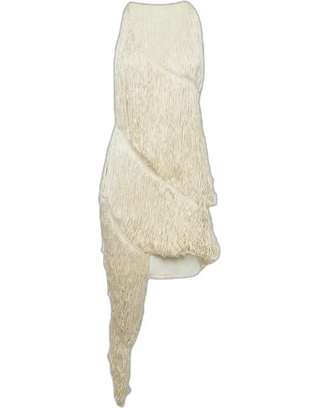 Silk Sleeveless Asymmetric Fringe Dress