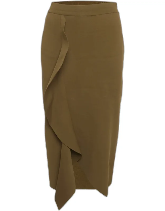 Stretch Knit Asymmetric Ruffle Midi Skirt