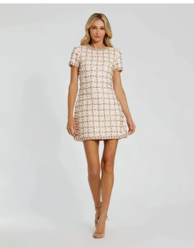 Light Pink Rhinestone Pearl Beaded Mini Dress