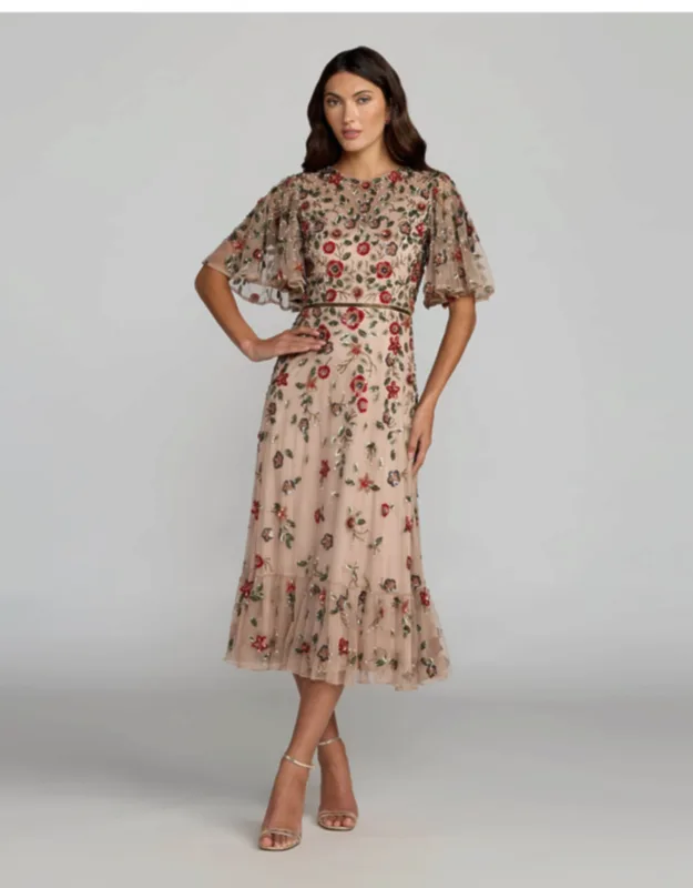Floral Embellished Flutter Sleeve Midi Dress