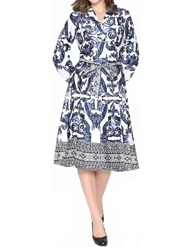Floral Long Sleeve Lapel Collar Tie Belt Dress