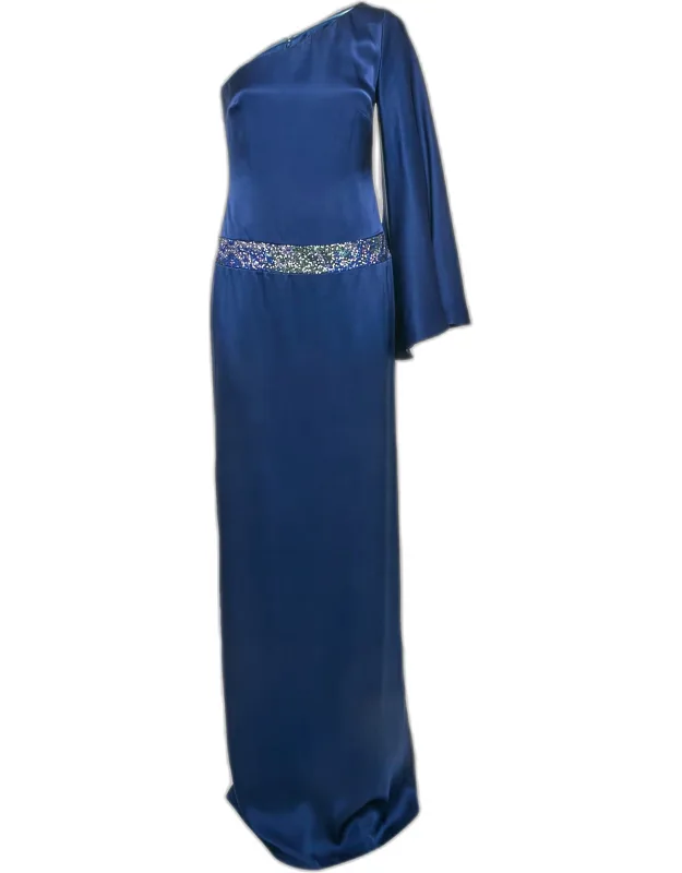 Sequin Embellished Satin Silk One Shoulder Cocktail Dress