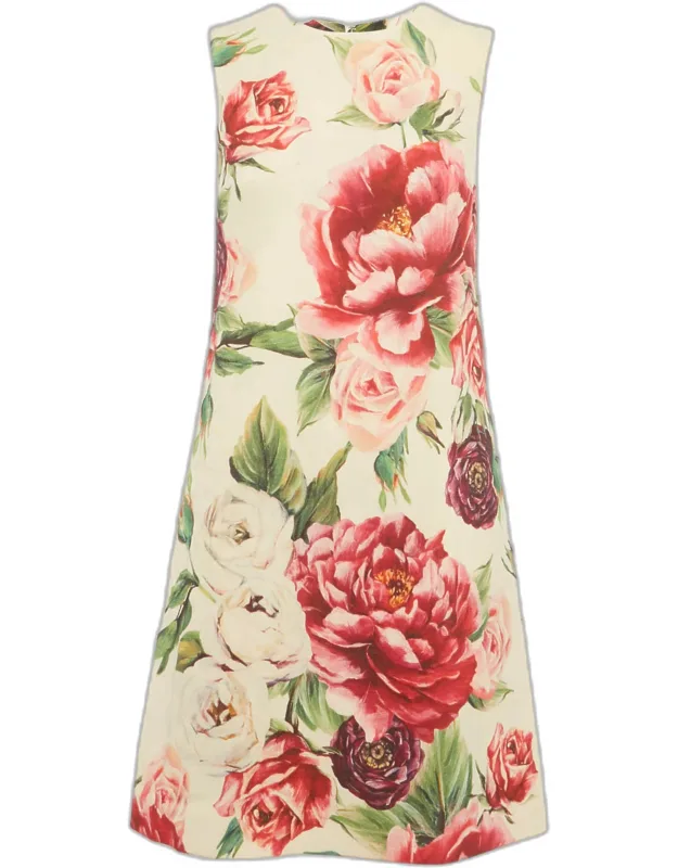 Cream Rose Print Wool Blend Shift Mini Dress
